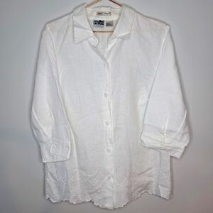 Edward Women 100% Irish Linen White Button-Up Shirt with Embroidered Hem